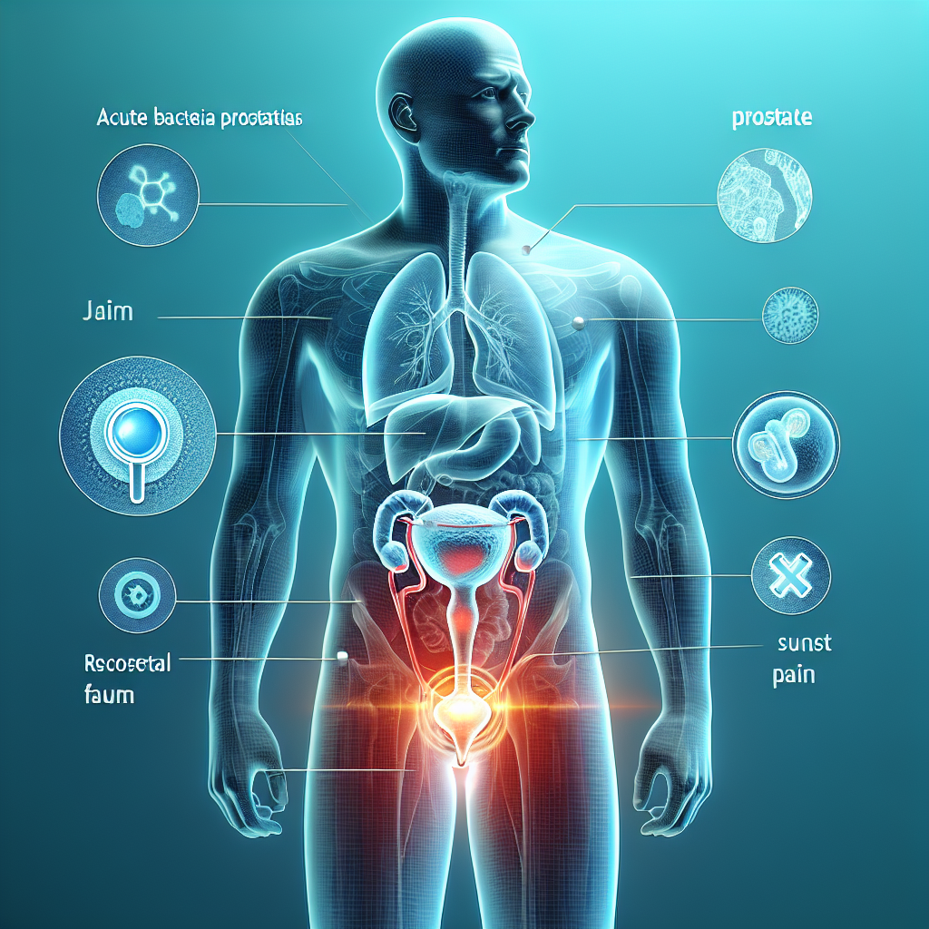 Ilustración de síntomas de prostatitis bacteriana aguda mostrando dolor pélvico y dificultad para orinar.