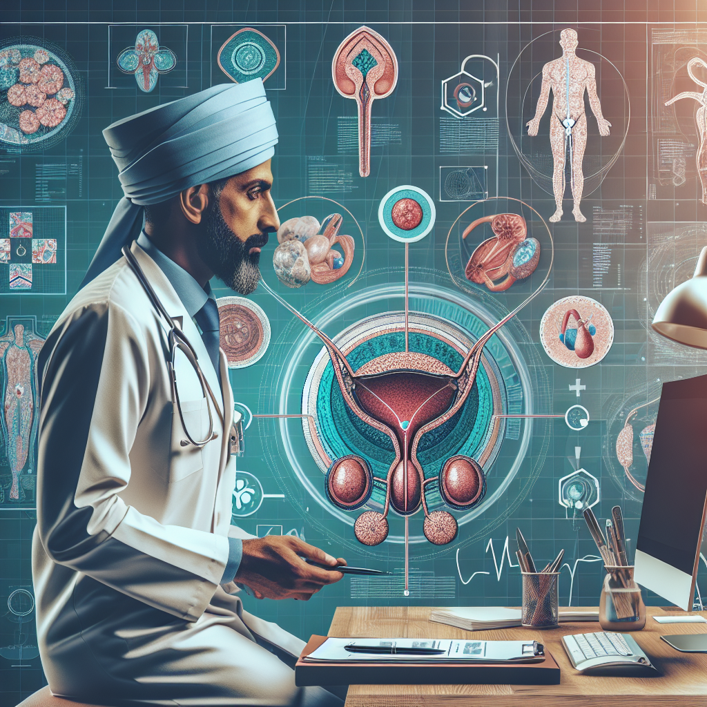 Representación visual de los métodos diagnósticos de la prostatitis, incluyendo pruebas de orina y técnicas de imagen como resonancia magnética y ultrasonido.