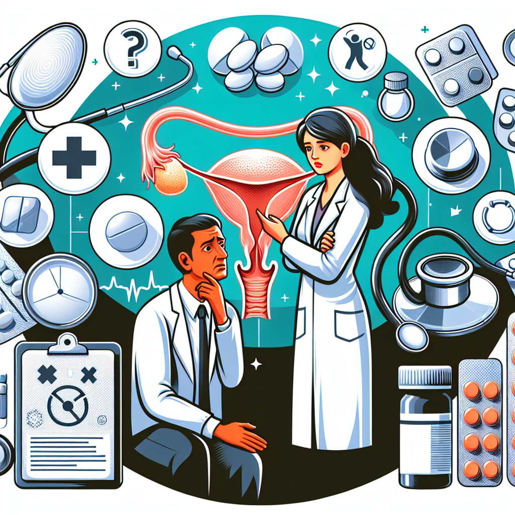 Médico explicando tratamientos de prostatitis a un paciente, con ilustración de la glándula prostática y medicamentos de fondo