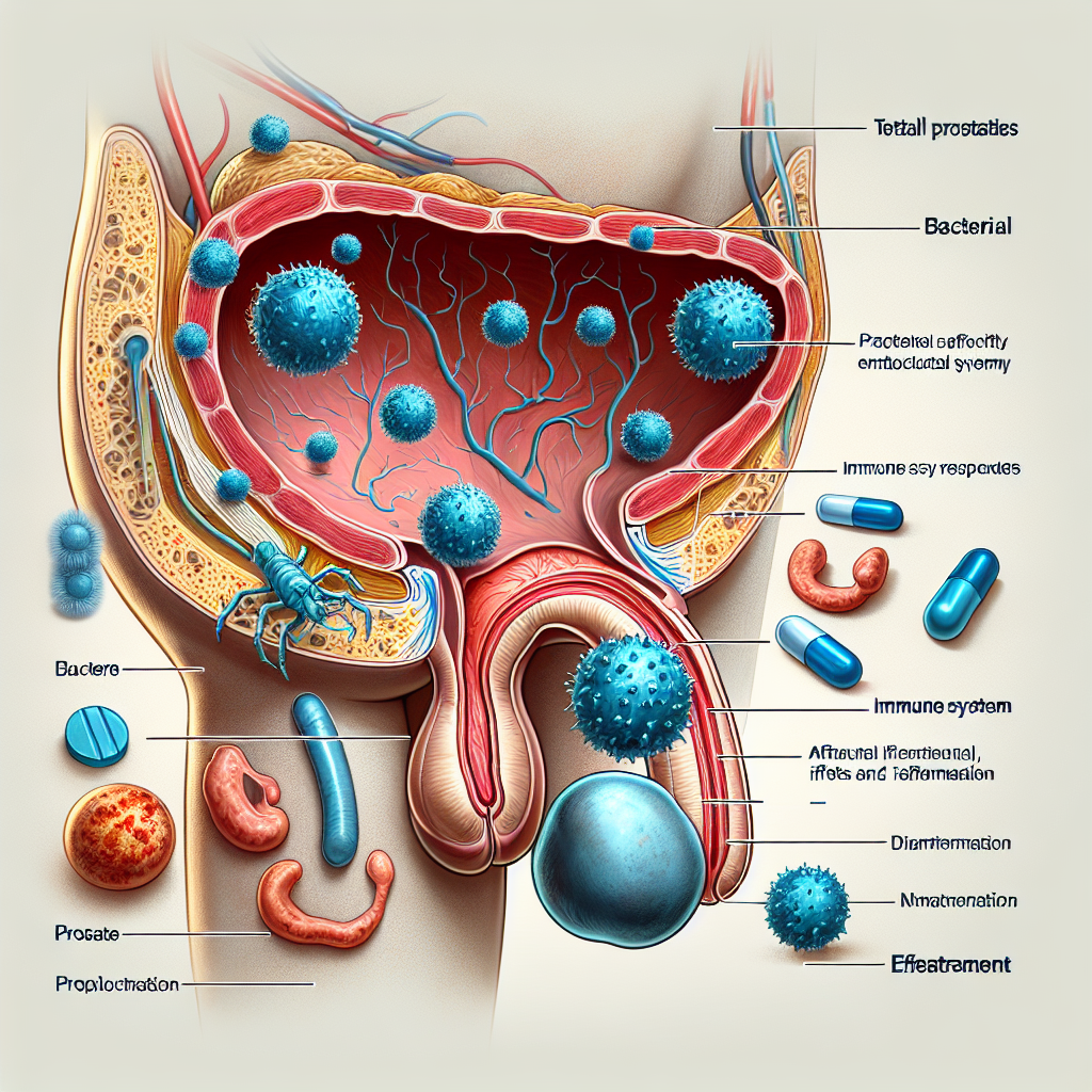 Ilustración de prostatitis bacteriana mostrando síntomas y tratamientos comunes.