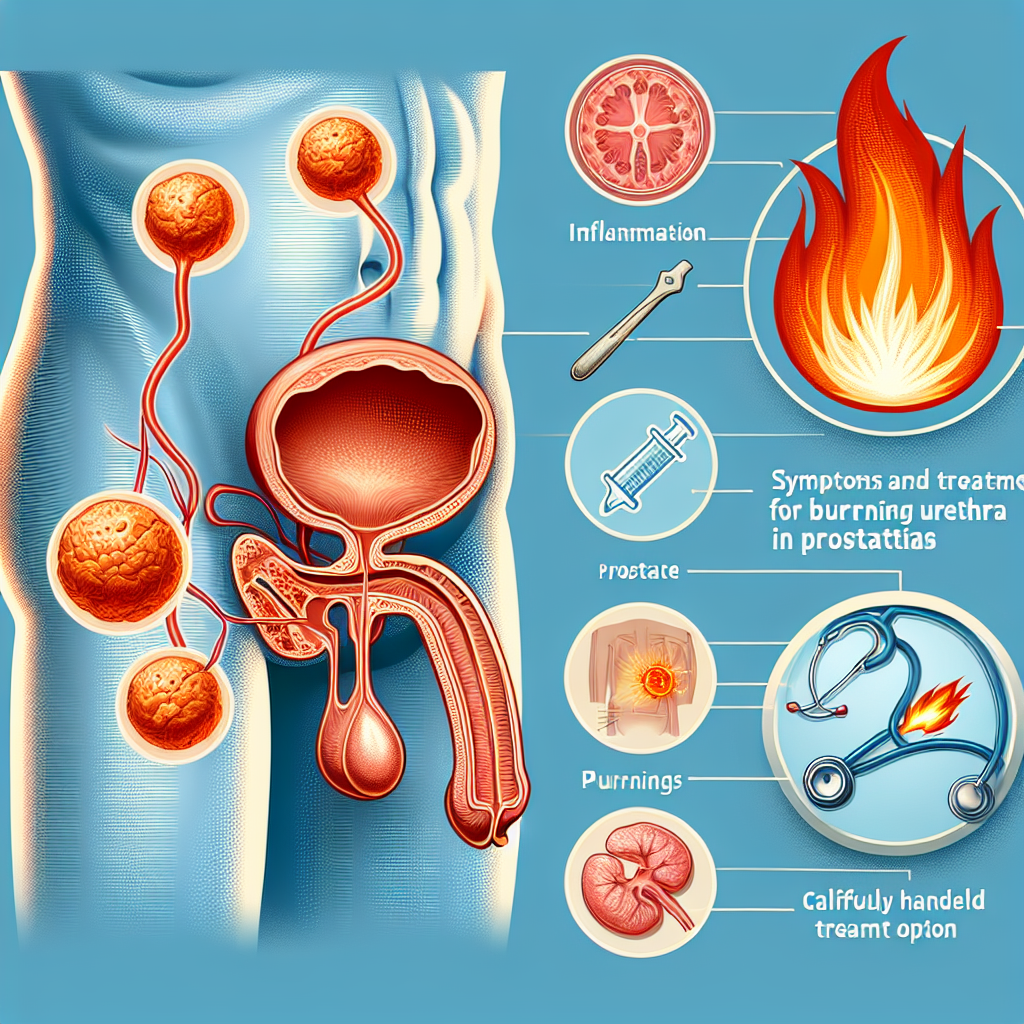 Ilustración que muestra los síntomas y tratamientos para la uretra ardiente en la prostatitis.