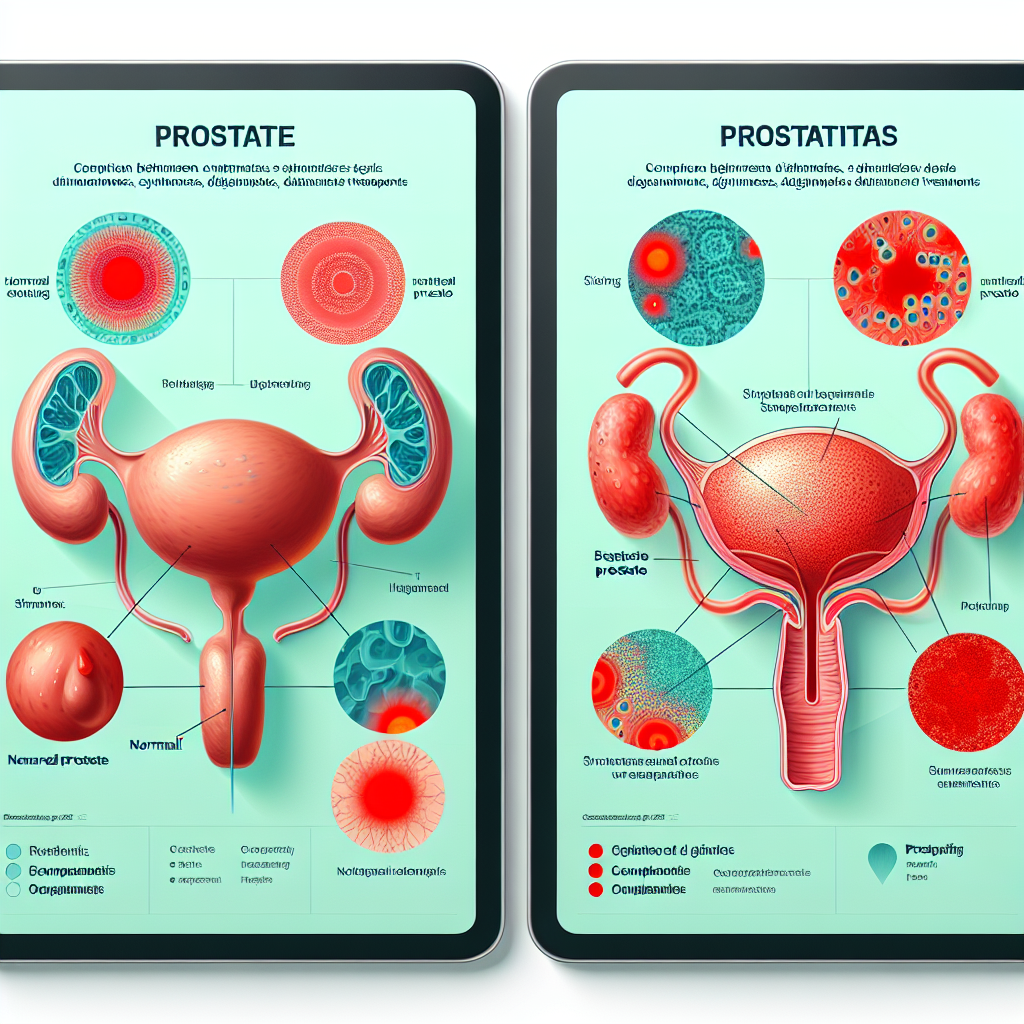 Comparación de una próstata agrandada y prostatitis, mostrando síntomas, diagnóstico y tratamientos.