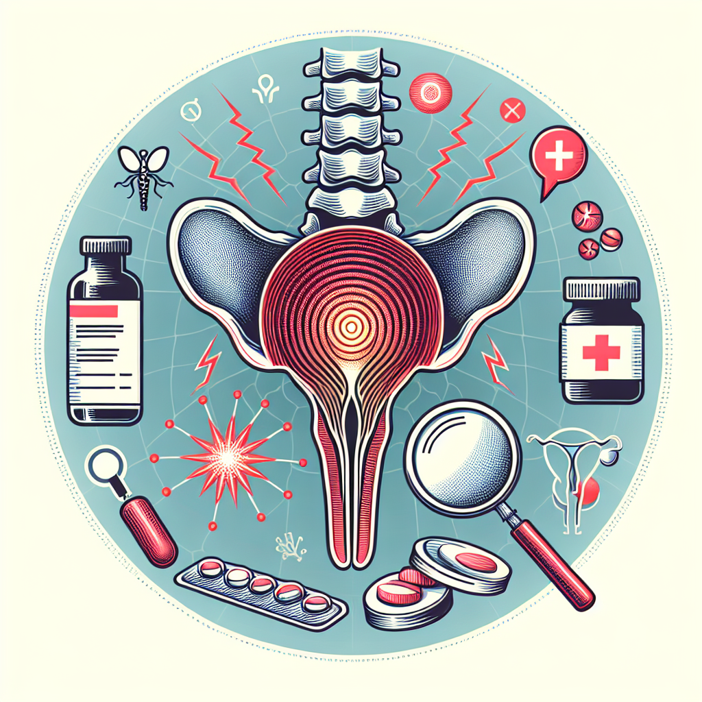 Ilustración que representa los síntomas y tratamientos del Síndrome de Dolor Pélvico Crónico y Prostatitis Crónica.