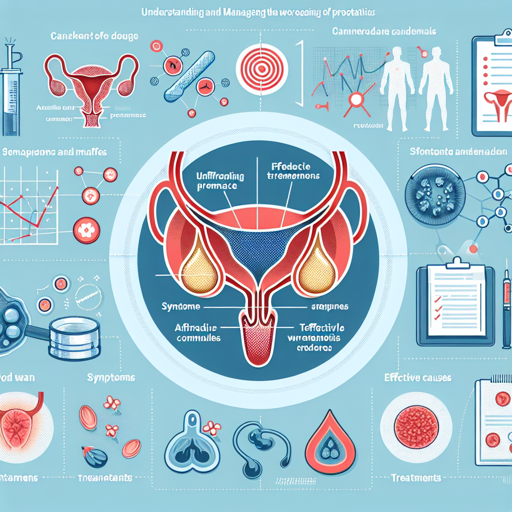 Ilustración de la próstata inflamada rodeada de etiquetas que indican síntomas y tipos de prostatitis.