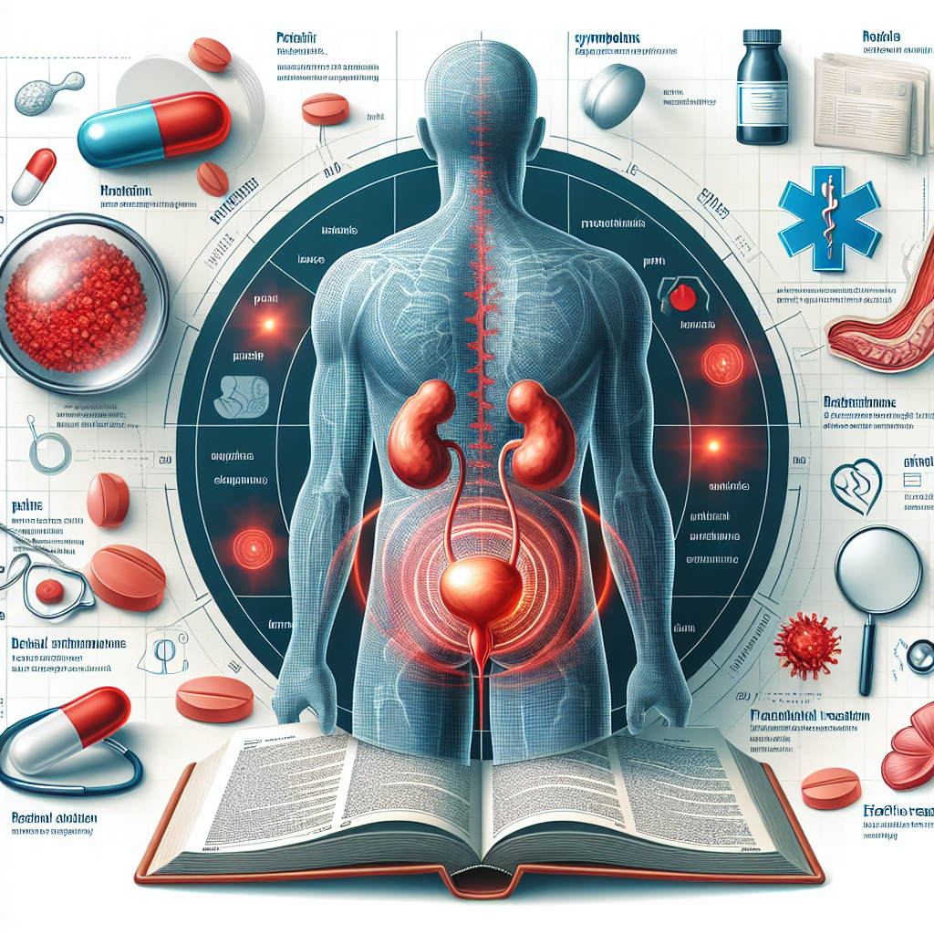 Diagrama de la anatomía masculina destacando la próstata, con íconos ilustrando síntomas y métodos de tratamiento para la prostatitis.